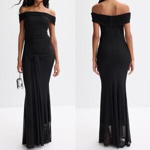 RTR Elle Zeitoune Saylor  Off-the-Shoulder Mesh Maxi Dress w/ Tie at Waist - SM